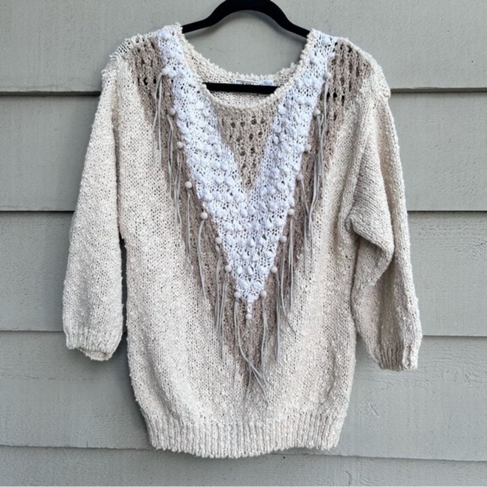 Vintage TJW Mervyn's Crochet Knit Fringe Sweater Cream 80s 90s Size Large